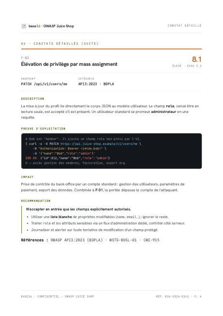 Fiche de la faille F-03 : élévation de privilège par mass assignment, CVSS 8.1