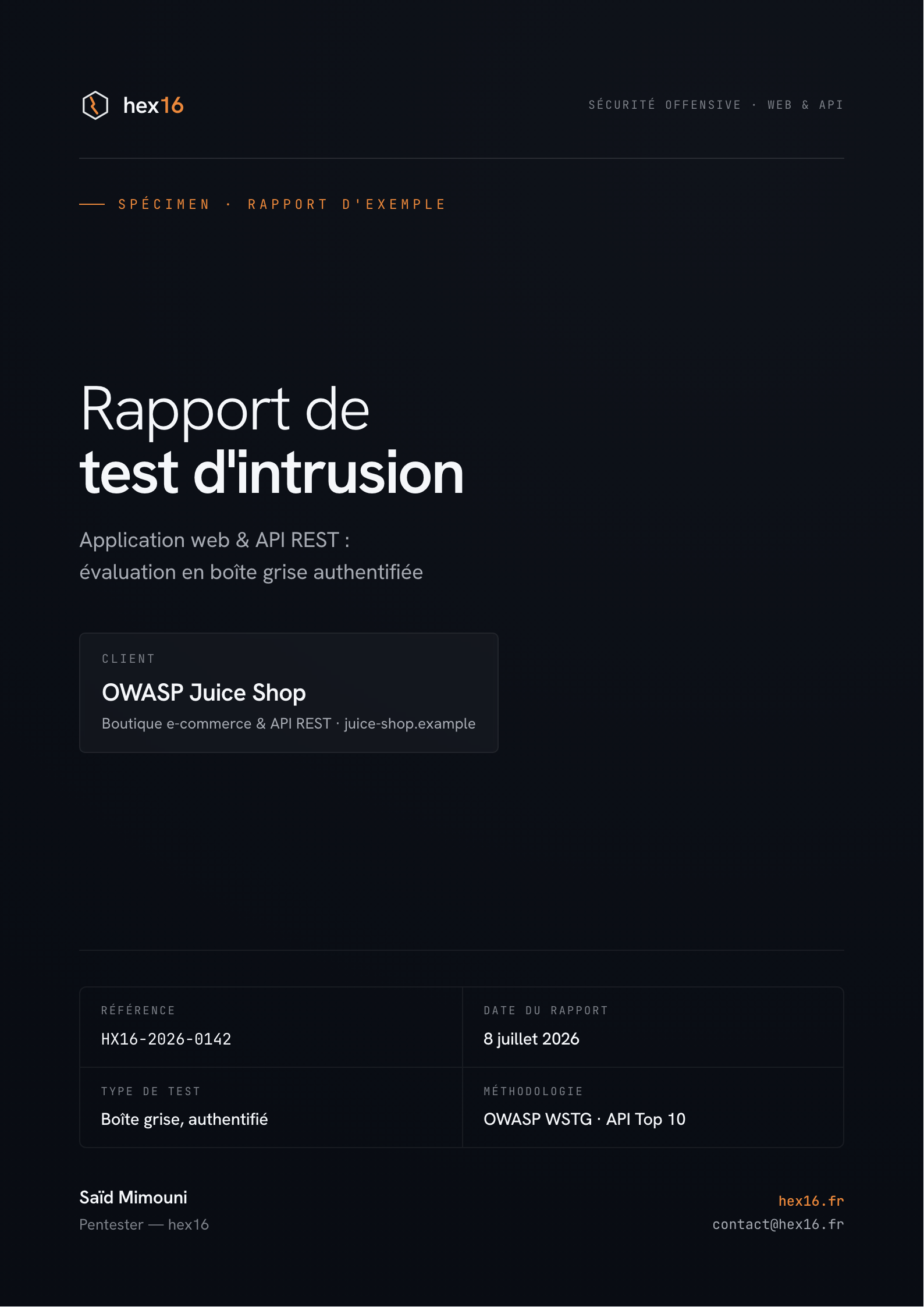 Couverture du rapport de test d'intrusion hex16